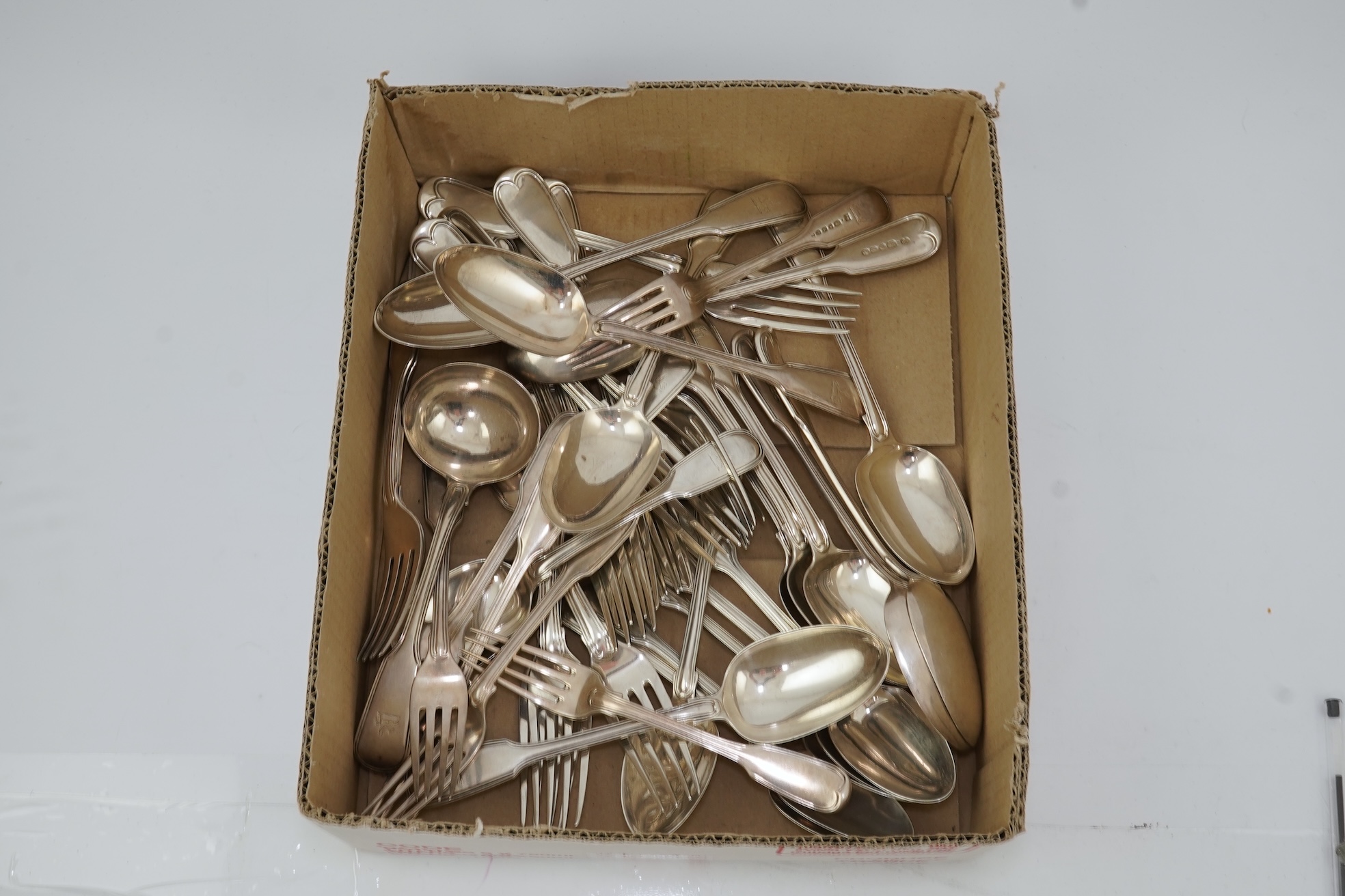 A part canteen of Victorian silver double struck fiddle and thread pattern flatware, by George Adams